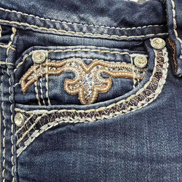 Rock Revival Evella Boot Jean Womens 32 Blue Boho Embroidered Fleur-de-Lis Denim - Picture 12 of 16